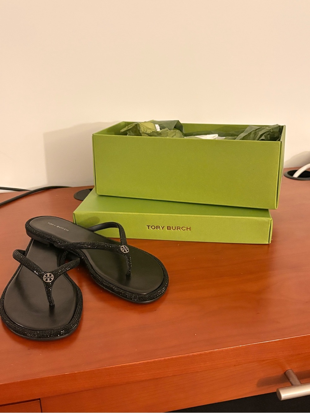 Tory Burch Black Chelsea sparkle flip flops